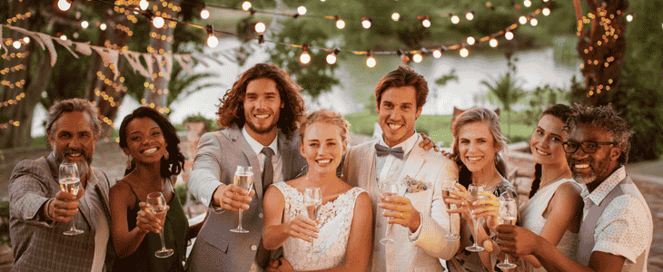 a group of wedding attendees smiling and raising their glass